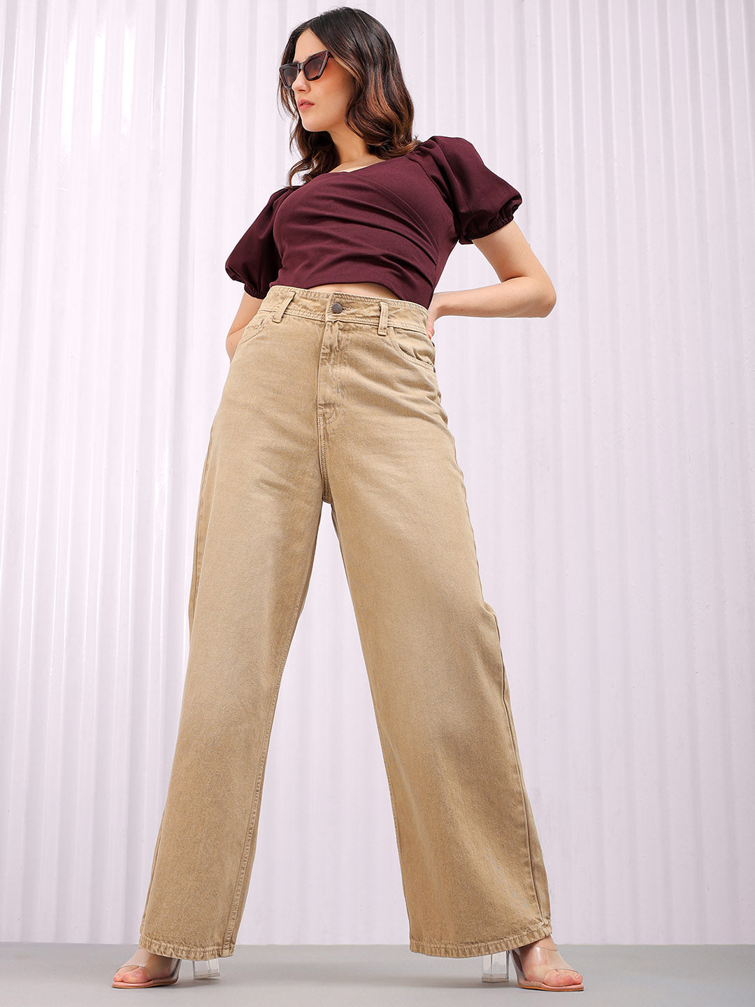 Shop Women's Solid Bootcut High Rise Five Pocket Jeans Online.