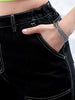 Women's Black Carpenter Fit Solid High Rise Clean Look Cargo Denim