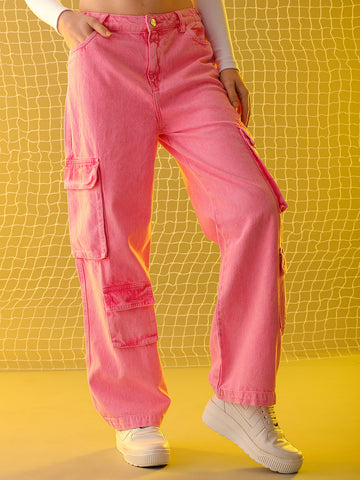 Shop Women's Pink Relaxed Solid Jeans Online.