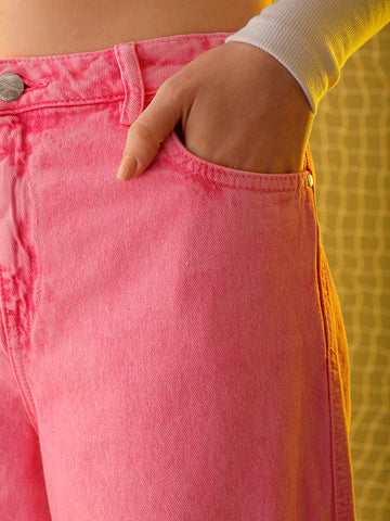 Shop Women's Pink Relaxed Solid Jeans Online.