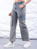 Women's Blue Carpenter Fit Solid High Rise Clean Look Cargo Denim