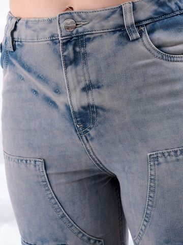 Women's Blue Carpenter Fit Solid High Rise Clean Look Cargo Denim