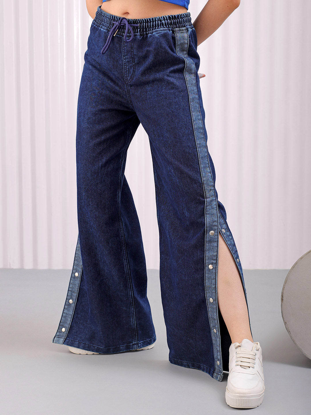 Shop Women's Solid Flared High Rise Five Pocket Jeans Online.