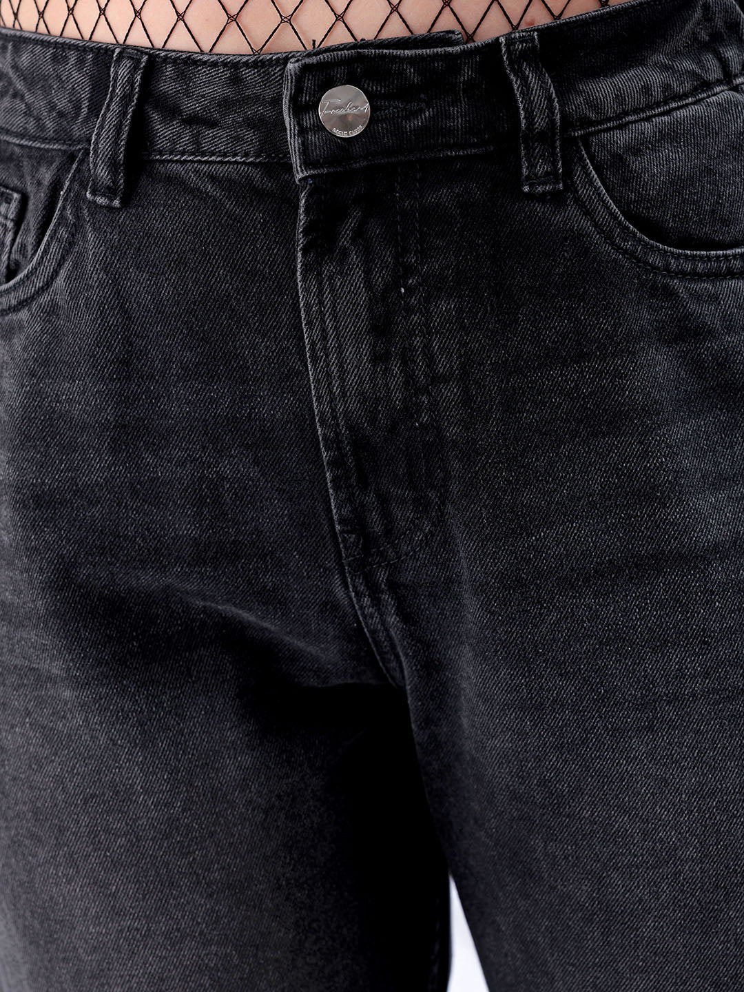 Women's Black Straight Fit Solid High Rise Distressed Jeans