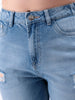 Women's Blue Straight Fit Solid High Rise Distressed Jeans