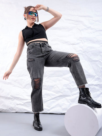 Women's Black Straight Fit Solid High Rise Distressed Jeans