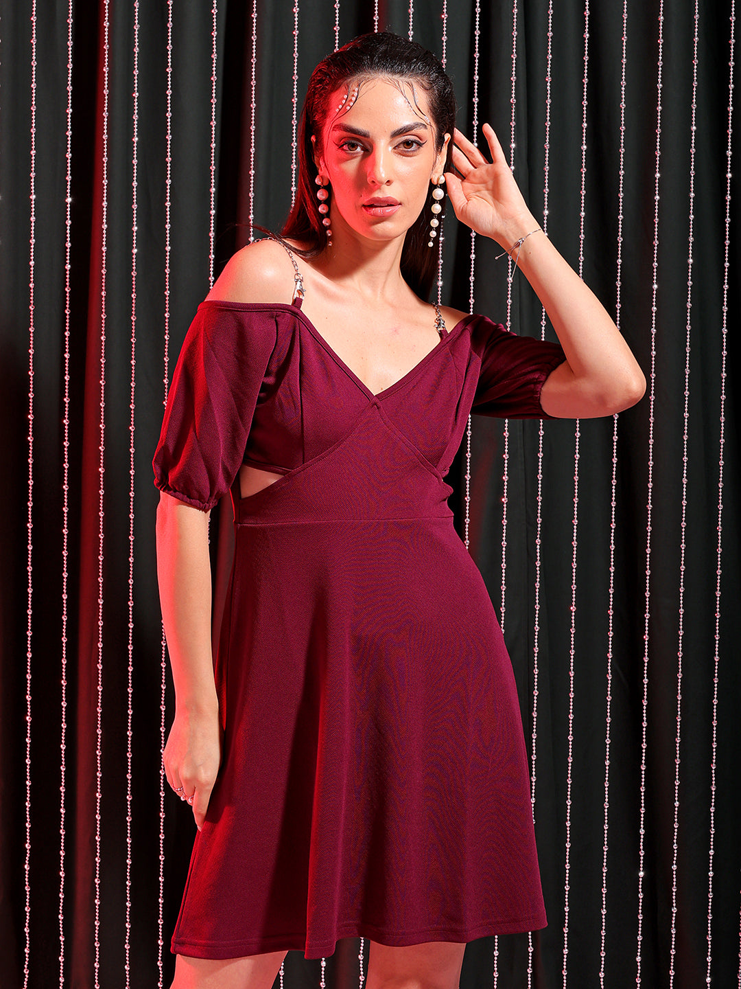 Women'sMaroon Regular Textured Off Shoulder Partywear Skater Dress