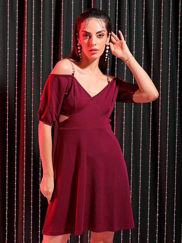 Women'sMaroon Regular Textured Off Shoulder Partywear Skater Dress