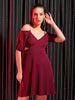 Women'sMaroon Regular Textured Off Shoulder Partywear Skater Dress