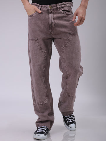 Men's Purple Relaxed Straight Fit Patched Mid-Rise Jeans