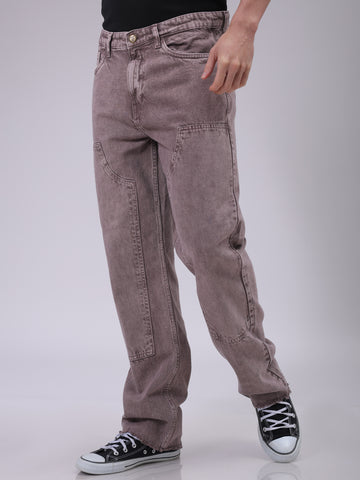 Men's Purple Relaxed Straight Fit Patched Mid-Rise Jeans