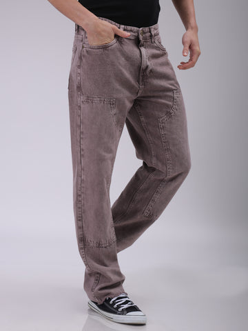 Men's Purple Relaxed Straight Fit Patched Mid-Rise Jeans