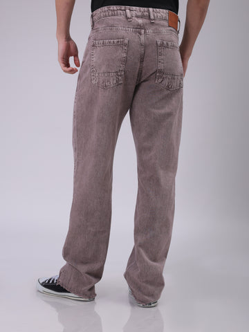 Men's Purple Relaxed Straight Fit Patched Mid-Rise Jeans