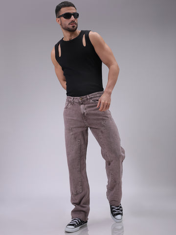 Men's Purple Relaxed Straight Fit Patched Mid-Rise Jeans