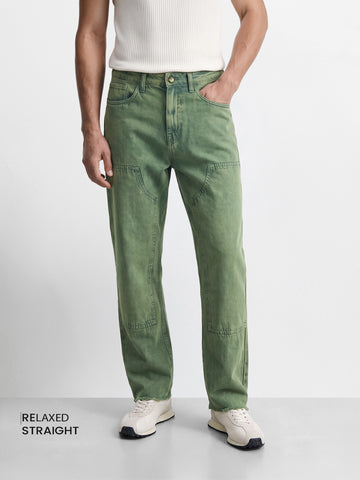 Men's Green Relaxed Fit Solid Casual Jeans
