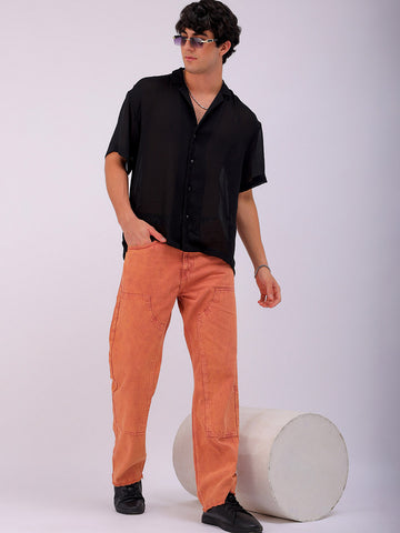 Men's Rust Relaxed Straight Fit Patched Mid-Rise Jeans