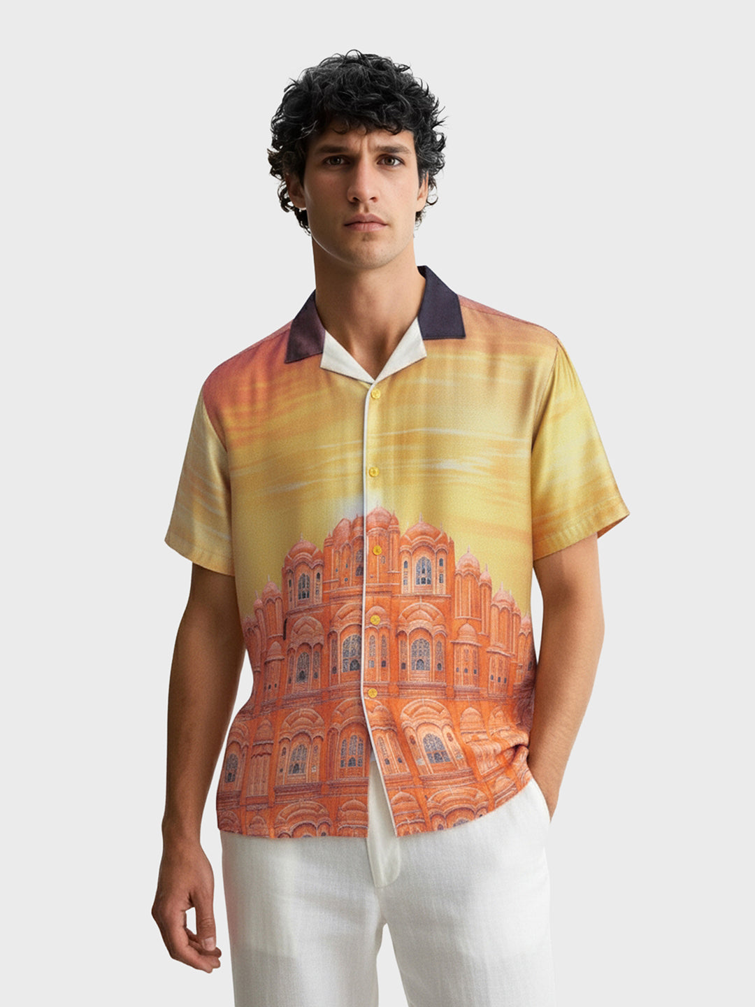 Men's Yellow Relaxed Fit Indie Resort Wear Shirt