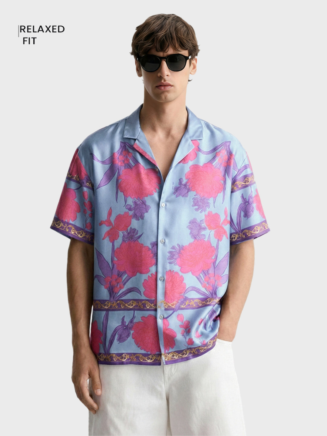 Men's Blue Relaxed Fit Border Print Resort Wear Shirt