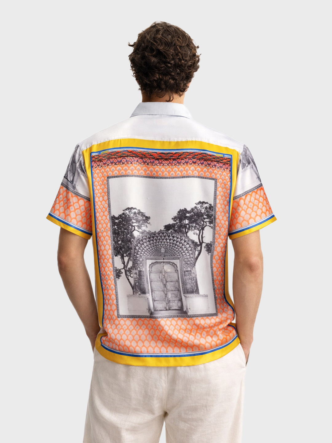 Men's White Relaxed Fit Border Print Resort Wear Shirt