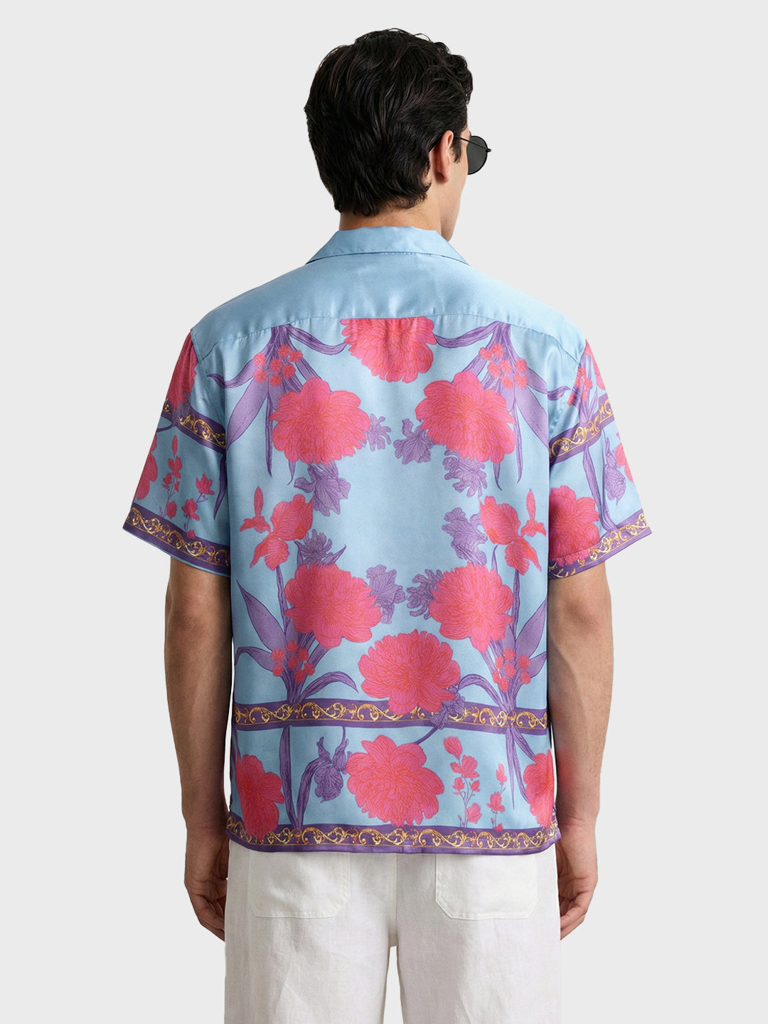 Men's Blue Relaxed Fit Border Print Resort Wear Shirt