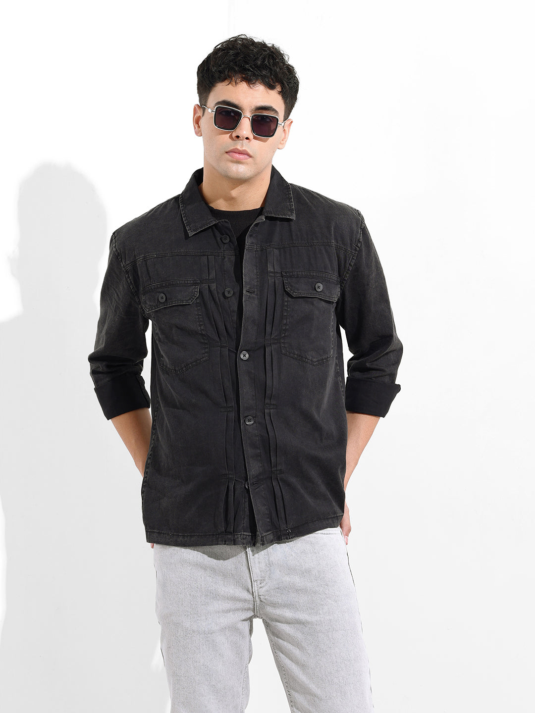 Men's Black Regular Fit Solid Vintage Shirt