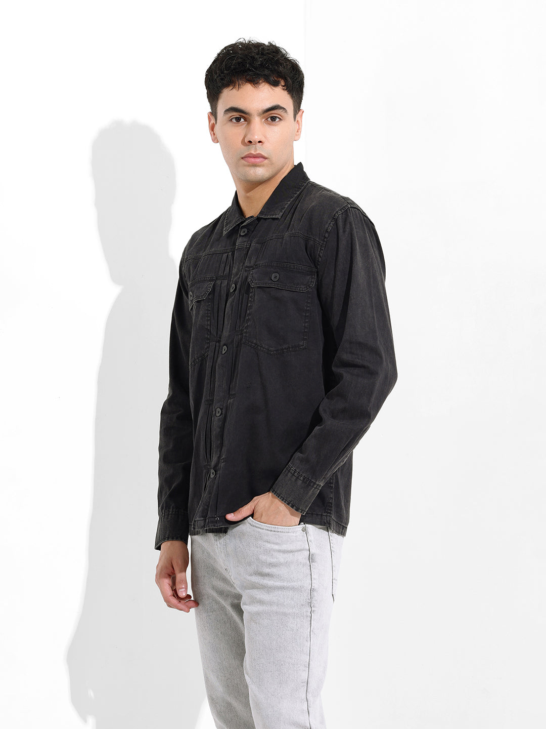 Men's Black Regular Fit Solid Vintage Shirt
