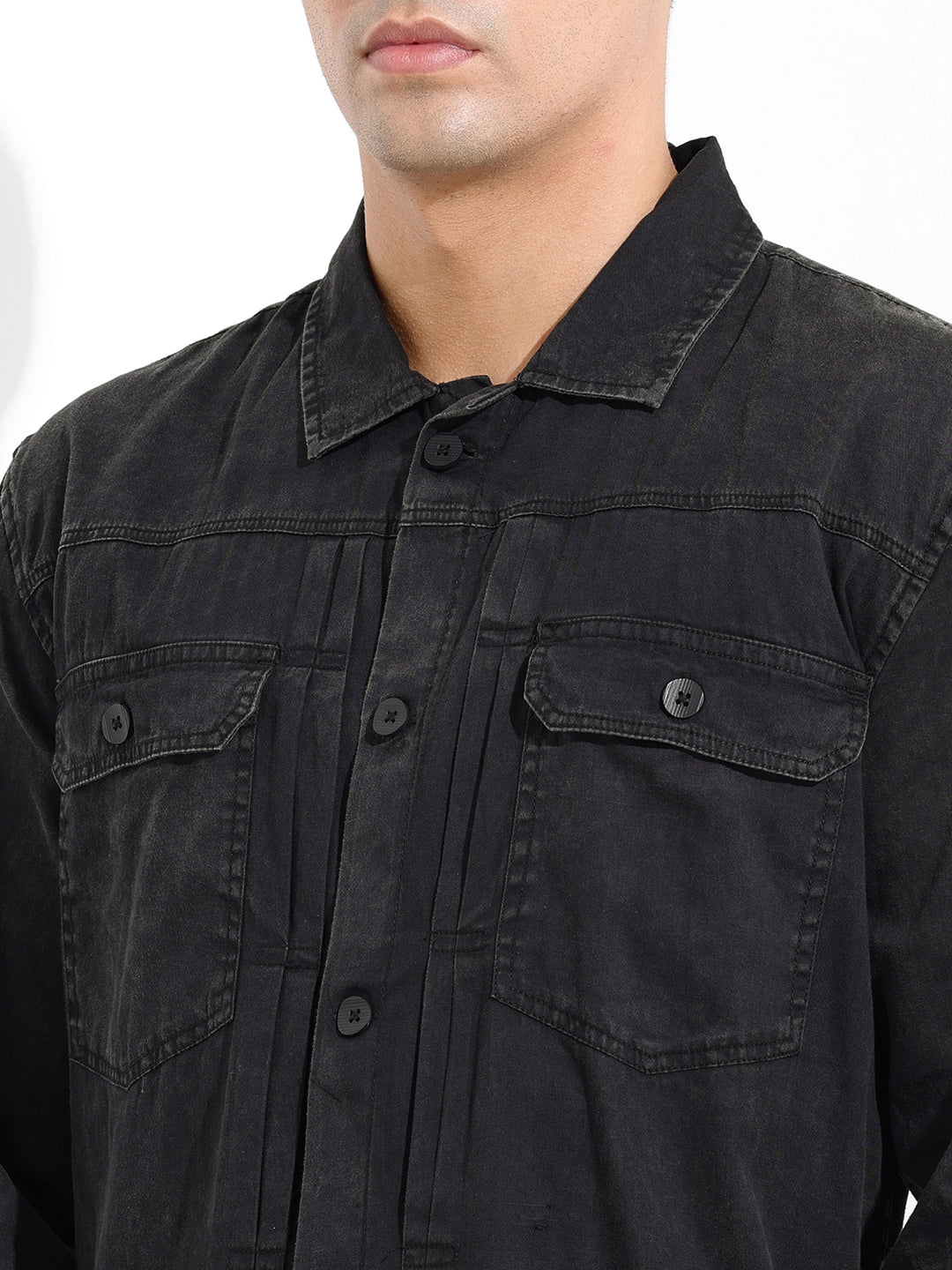 Men's Black Regular Fit Solid Vintage Shirt