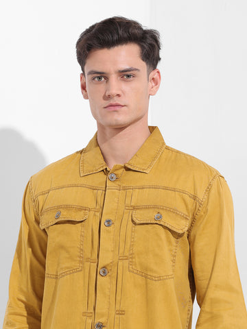 Men's Yellow Regular Fit Solid Vintage Shirt