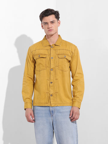 Men's Yellow Regular Fit Solid Vintage Shirt