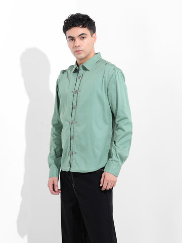 Men's Light Green Regular Fit Solid Vintage Shirt