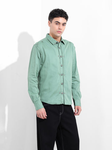 Men's Light Green Regular Fit Solid Vintage Shirt