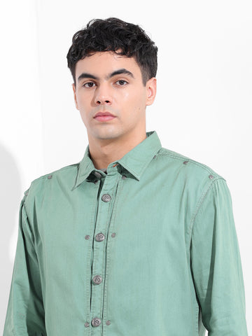 Men's Light Green Regular Fit Solid Vintage Shirt