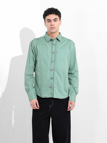 Men's Light Green Regular Fit Solid Vintage Shirt