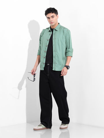 Men's Light Green Regular Fit Solid Vintage Shirt