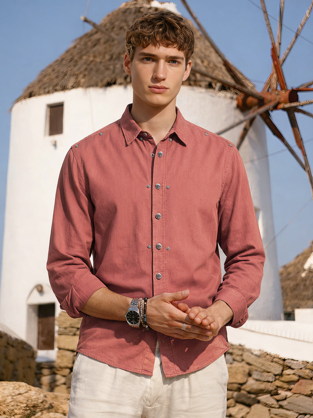 Men's Burgundy Regular Fit Solid Vintage Shirt