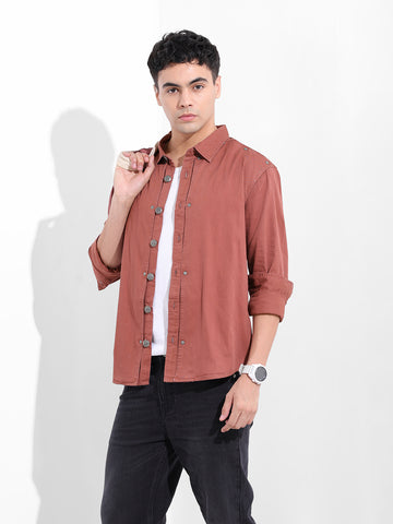 Men's Maroon Regular Fit Solid Vintage Shirt
