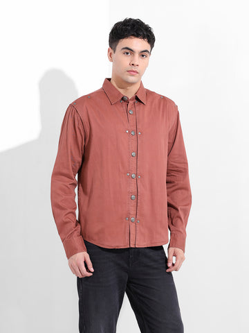 Men's Maroon Regular Fit Solid Vintage Shirt
