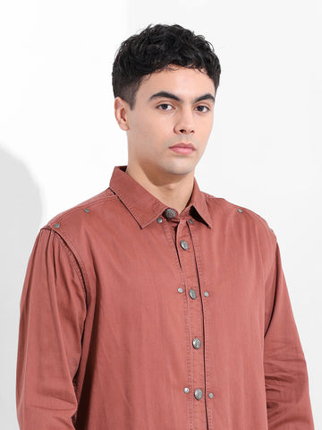 Men's Maroon Regular Fit Solid Vintage Shirt