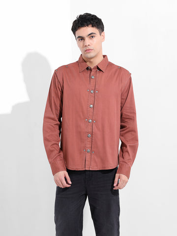 Men's Maroon Regular Fit Solid Vintage Shirt