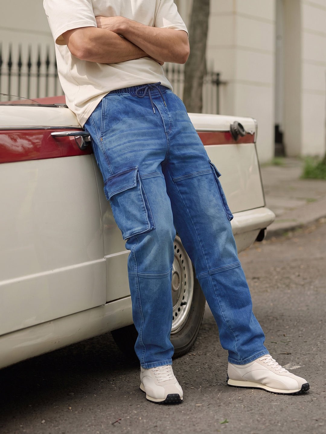 Men's Vintage Blue Regular Fit Solid Utility Jeans