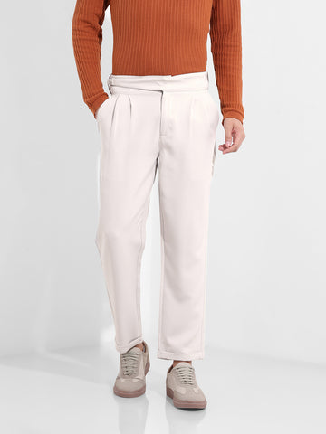Men's Bone White Regular Fit Solid Casual Trousers