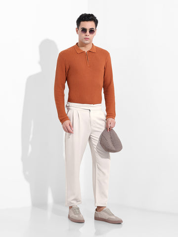 Men's Bone White Regular Fit Solid Casual Trousers