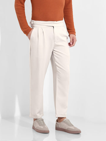 Men's Bone White Regular Fit Solid Casual Trousers