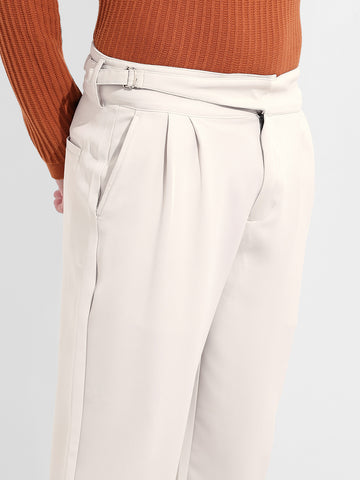 Men's Bone White Regular Fit Solid Casual Trousers