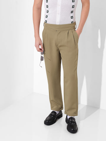 Men's Earthy Green Regular Fit Solid Casual Trousers