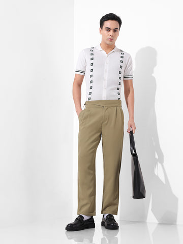 Men's Earthy Green Regular Fit Solid Casual Trousers