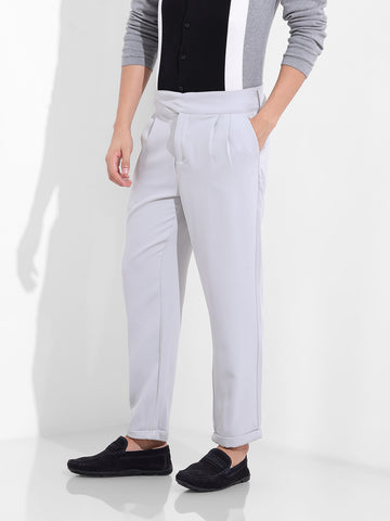 Men's Steel Grey Regular Fit Solid Casual Trousers