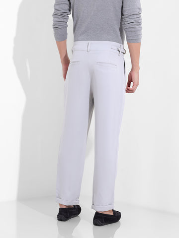 Men's Steel Grey Regular Fit Solid Casual Trousers