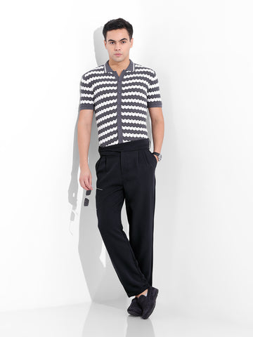 Men's Navy Blue Regular Fit Solid Casual Trousers