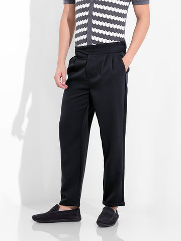 Men's Navy Blue Regular Fit Solid Casual Trousers